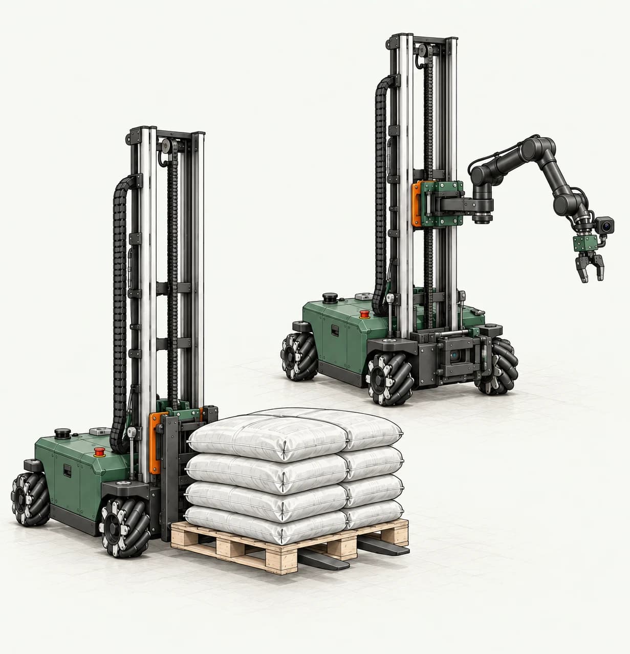 Rendering of the Berry OS multipurpose rover platform in robotic-arm and pallet-handling tool configurations