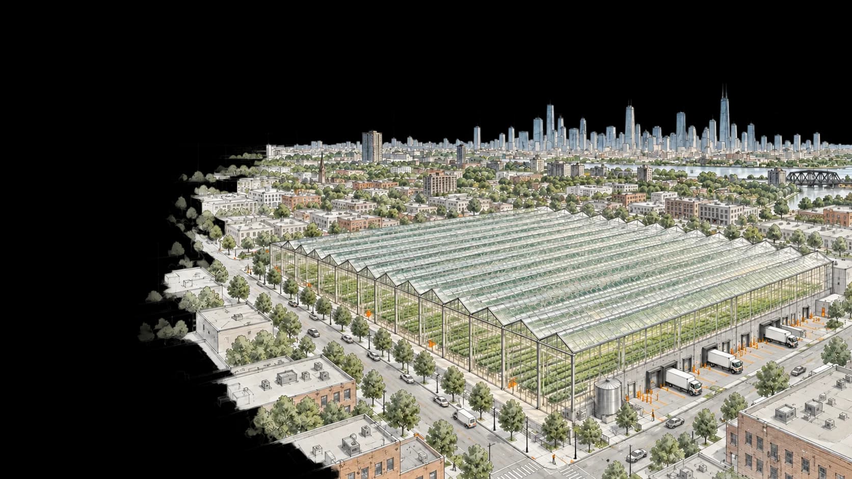 Architectural drawing of a greenhouse woven into a city neighborhood