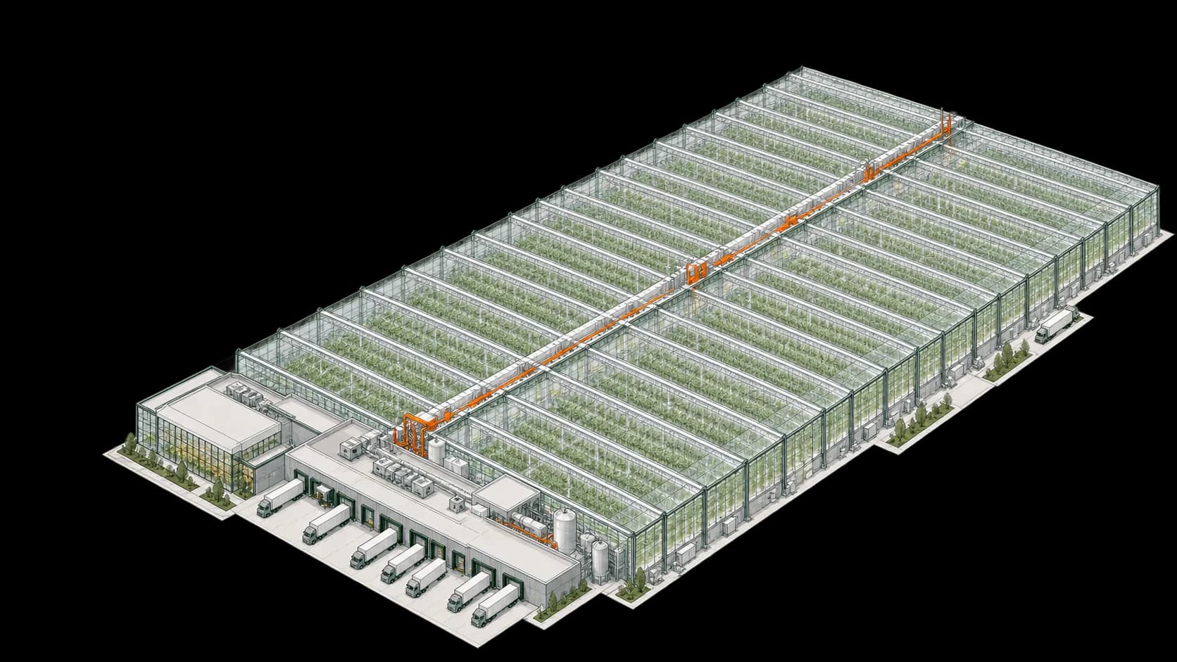Axonometric concept drawing of a greenhouse with growing areas, robots, packing rooms and loading docks