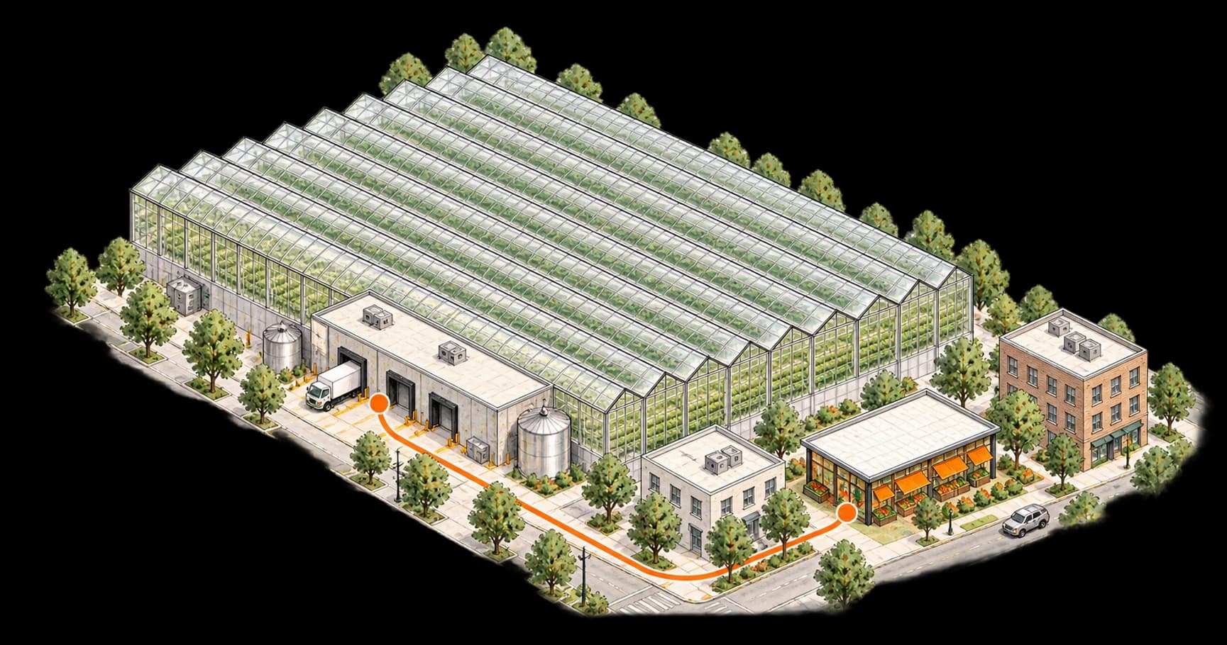 Concept drawing of sunlit greenhouses integrated with homes and businesses