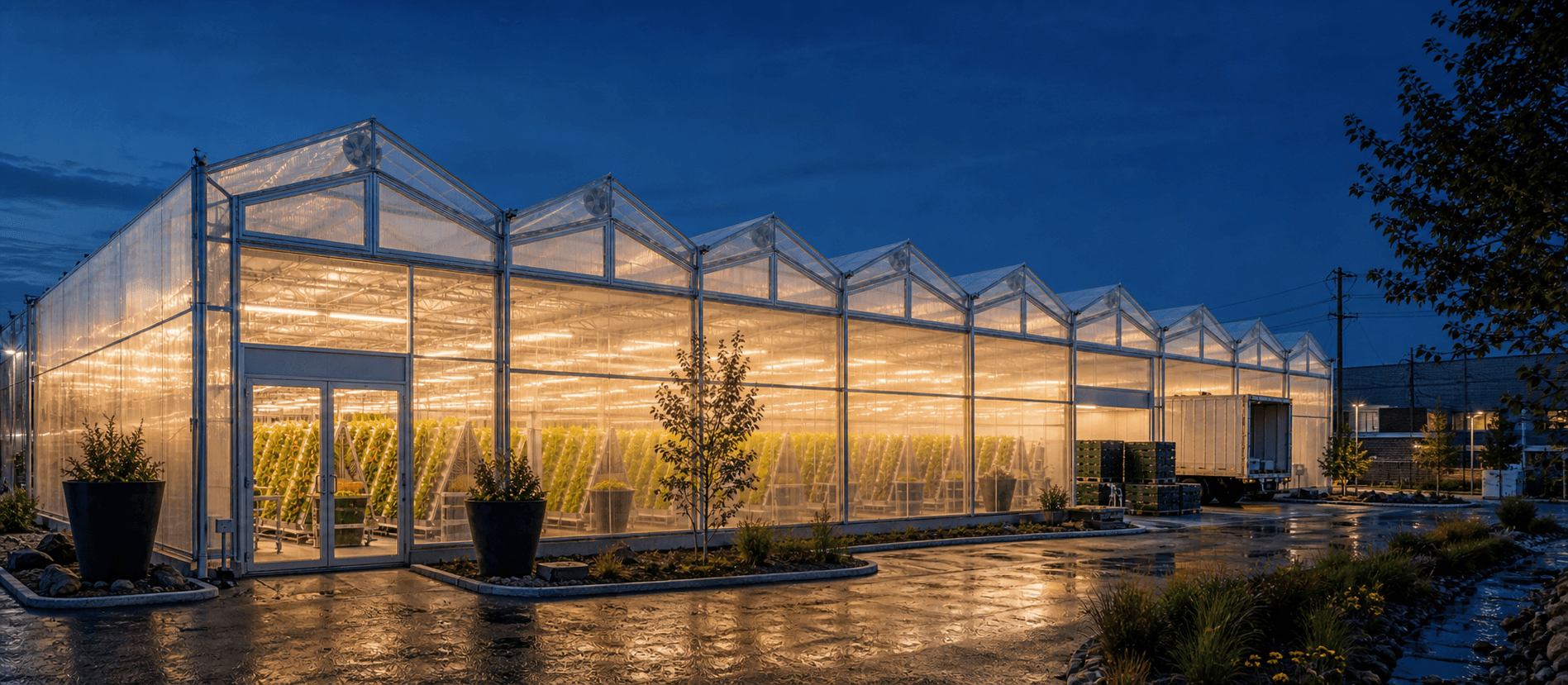 An urban SolaRoof greenhouse glowing at dusk, with produce growing inside and a delivery truck at the dock