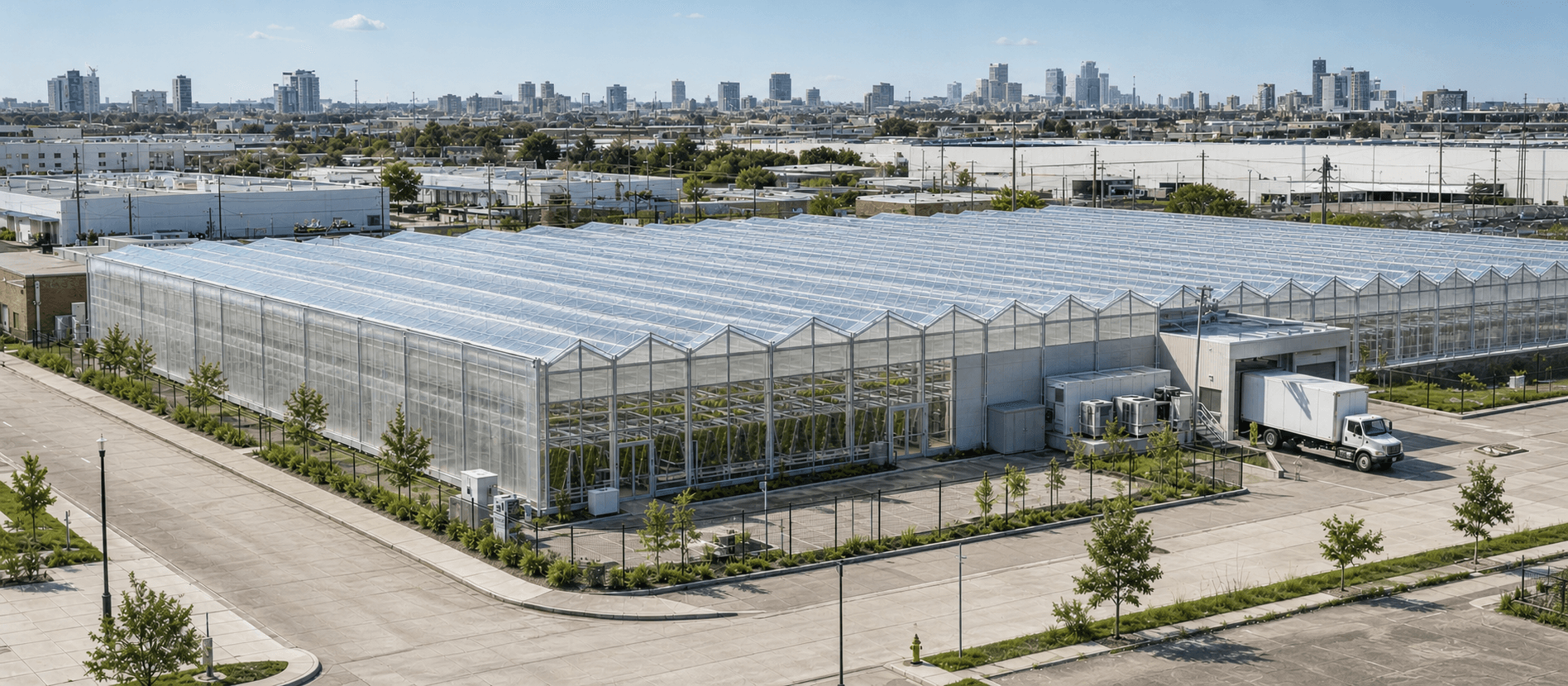 Daytime aerial view of an urban greenhouse campus set against a city skyline